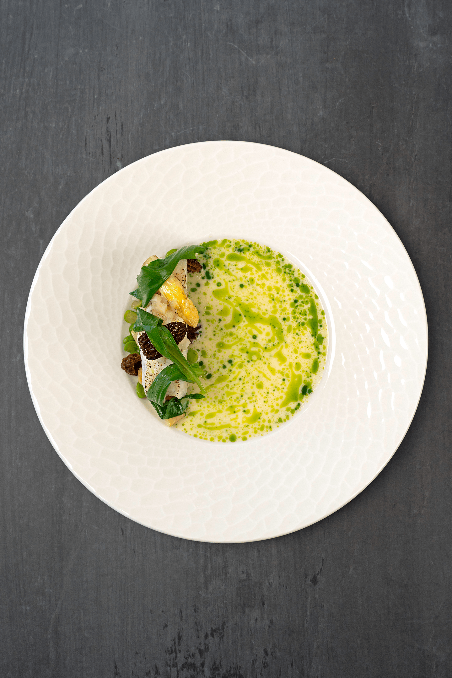 Gebrande kabeljauwrug met asperge velouté, koolrabi, morille en daslook
